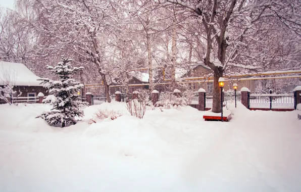 Картинка зима, дорога, снег, деревья, улица, забор, елка, двор