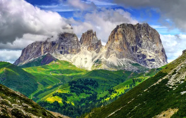 Картинка небо, облака, деревья, горы, склон, Италия, Доломитовые Альпы