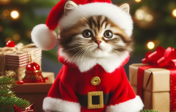 Кошка, взгляд, поза, котенок, Рождество, подарки, милый, Новый год