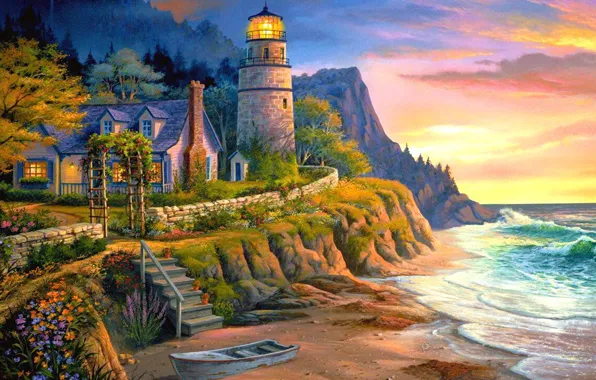 Картинка море, свет, закат, дом, лодка, маяк, вечер, лестница