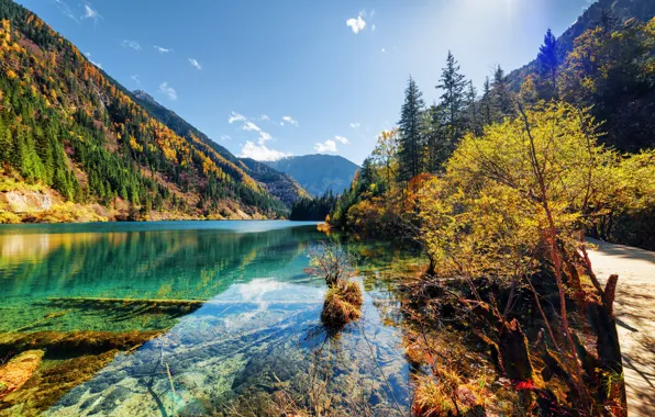 Осень, лес, деревья, горы, озеро, Китай, солнечно, национальный парк