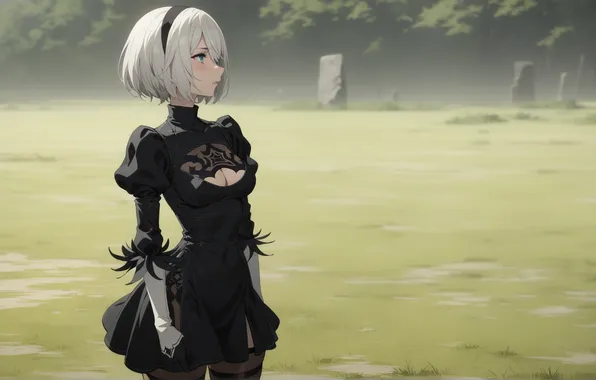 Поле, девушка, girl, field, nier, nier automata, yorha, nier 2b