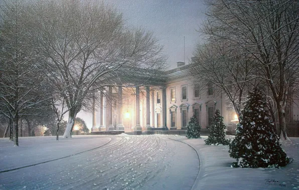 Картинка зима, свет, снег, деревья, дом, парк, рисунок, вилла