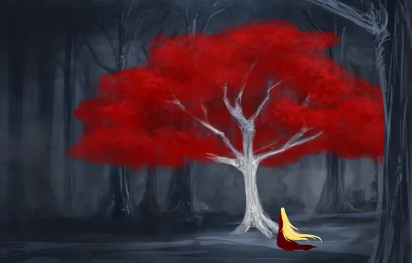 Лес, листья, девушка, дерево, арт, красное платье, длинные волосы