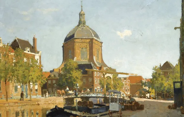 Картинка картина, городской пейзаж, Cornelis Vreedenburgh, Figures on a Canal near the Marekerk. Leiden