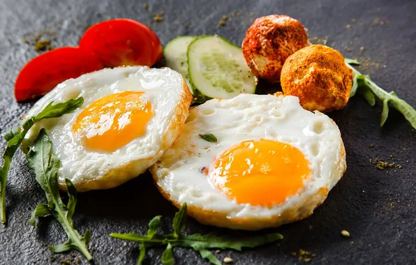 Картинка food, tomatoes, vegetables, cucumbers, fried eggs