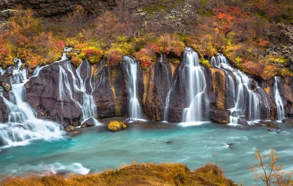 Картинка осень, река, водопады, каскад, Исландия, Iceland, Hraunfossar, Хрёйнфоссар