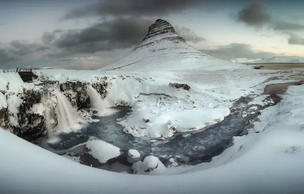 Картинка зима, снег, река, Гора, водопады, Исландия