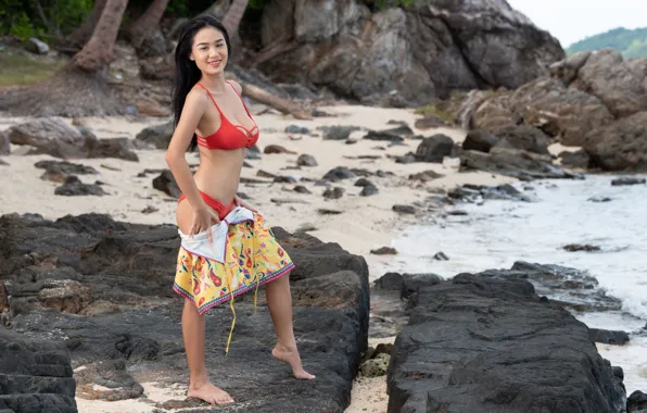 Beach, smile, water, bikini, outdoor, undressing, raven hair, Kahlisa