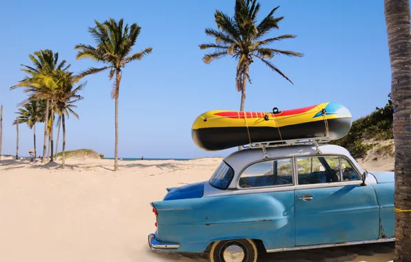 Картинка песок, машина, пляж, пальмы, океан, отдых, лодка, отпуск