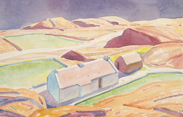 Горы, дом, рисунок, акварель, Rockwell Kent, Рокуэлл Кент, Пейзаж с Коттеджем