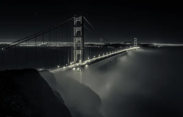 Картинка мост, огни, туман, Калифорния, Сан-Франциско, California, San Francisco, Bay Bridge