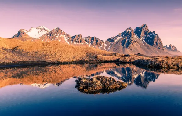 Горы, озеро, отражение, Исландия, Iceland, Auster-Skaftafellssysla, Vesturhorn