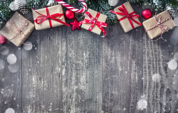 Картинка снег, украшения, Новый Год, Рождество, подарки, happy, Christmas, wood
