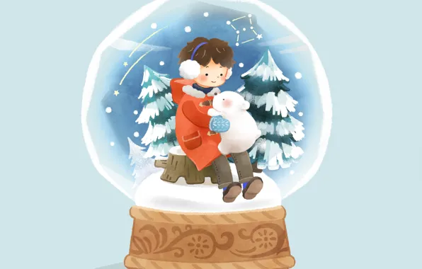Картинка снег, мальчик, ёлки, голубой фон, медвеженок, снежный шар, на пеньке