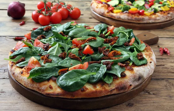 Еда, pizza, помидоры-черри, peperoni, пиццы, zucchini, vegtariana, spinaci