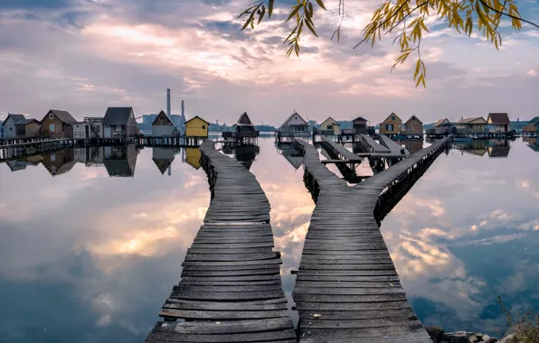 Картинка sunset, autumn, lake, Hungarian, stilt houses