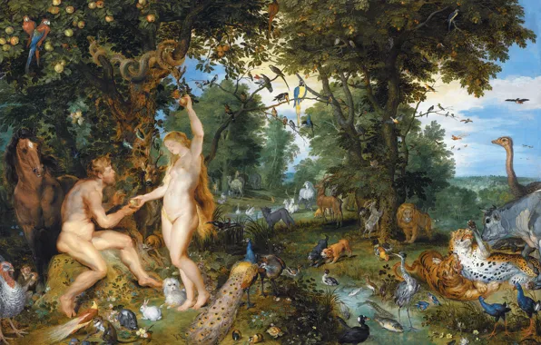 Картинка небо, деревья, птицы, звери, рай, яблоко, Питер Пауль Рубенс, эдемский сад