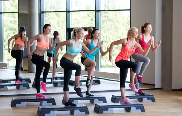Group, fitness, class, located step, aerobics