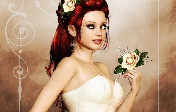 Картинка взгляд, девушка, цветы, лицо, рендеринг, фон, рука, серьги