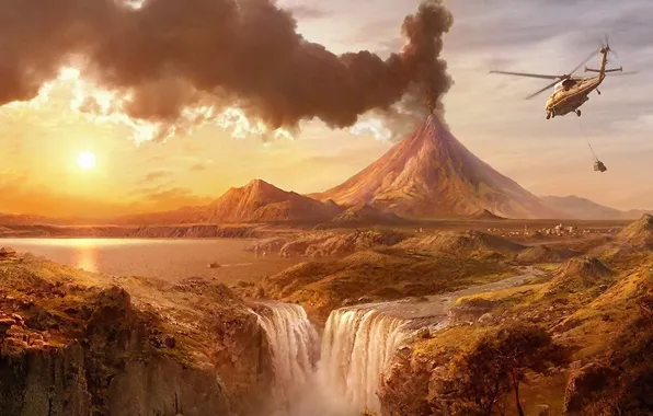 Картинка водопад, вулкан, вертолет