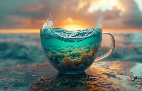 Картинка waves, sunset, cup, liquid, illustration, surreal, depth of field, AI art