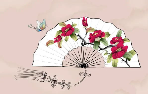 Картинка цветы, бабочка, веер, арт, акварель