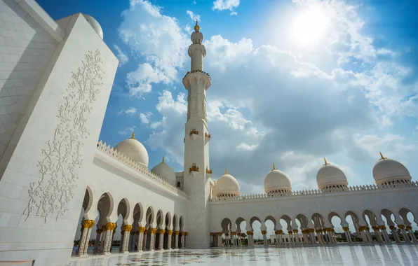 Картинка небо, солнце, облака, башня, дворец, Abu Dhabi, ОАЭ, Объединённые Арабские Эмираты