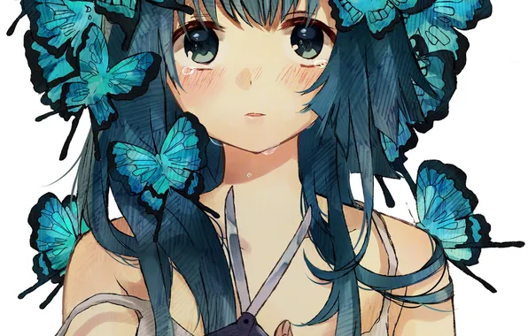 Картинка девушка, бабочки, аниме, слезы, арт, ножницы, suzukiko