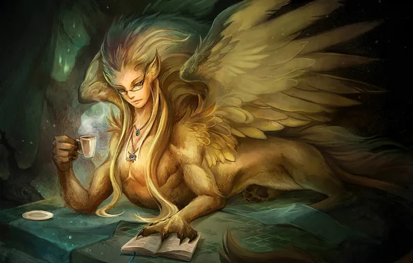 Картинка Девушка, крылья, лапы, перья, очки, чашка, кулон, книга