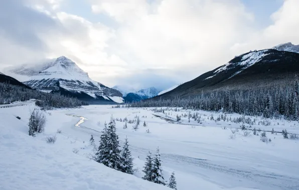 Картинка road, river, winter, mountains, snow, frozen