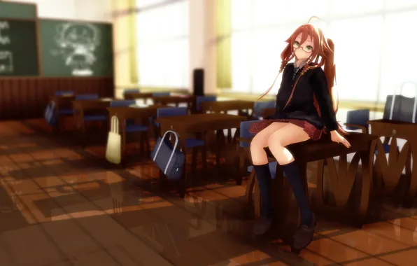 Картинка девушка, очки, форма, класс, vocaloid, школа, парты, сидя