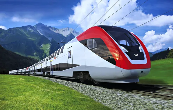 Green, mountain, train
