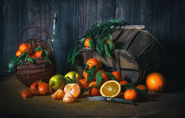 Картинка лимон, апельсин, натюрморт, корзинка, цитрусы, wood, мандарины