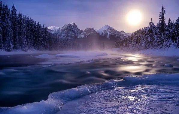 Картинка зима, лёд, река, закат