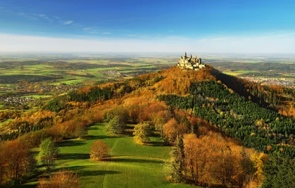 Осень, лес, небо, облака, деревья, синева, замок, вид