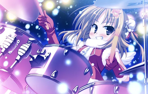 Картинка девушка, снег, крылья, арт, перчатки, барабаны, звездочки, yotsuiro passionato!