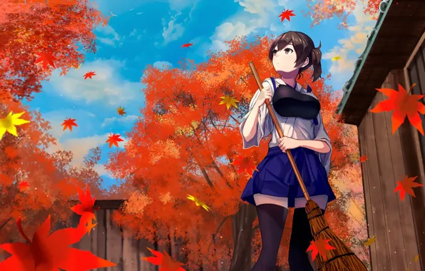 Осень, девушка, метла, Kantai Collection
