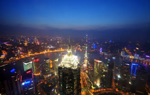 Небо, свет, ночь, горизонт, Китай, Шанхай, Oriental Pearl Tower, Jin Mao Tower