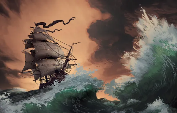 Картинка waves, storm, sunset, water, pirate ship, painting, digital art, Illustration