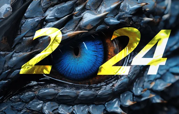 Морда, дракон, цифры, Новый год, черный фон, дата, 2024, ИИ-арт