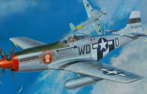 Война, рисунок, Mustang, схватка, American, мессер, P-51D, Aces