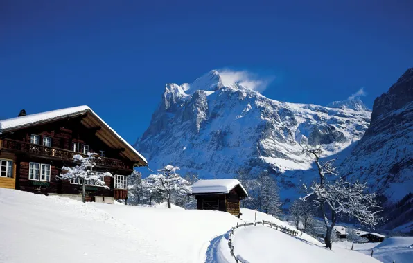 Картинка зима, пейзаж, горы, природа, село, дома, Швейцария, Альпы