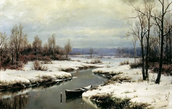 Вода, снег, деревья, лодка, картина, речка, живопись, Вельц