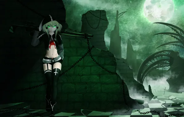 Dark, Moon, green eyes, anime, anime girl