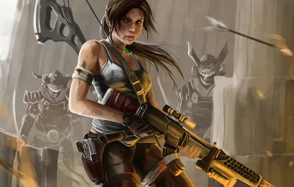 Девушка, лук, арт, автомат, стрела, tomb raider, Lara Croft, враги