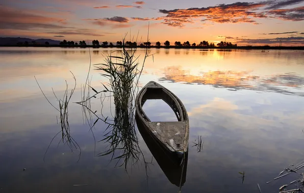 Картинка закат, озеро, лодка