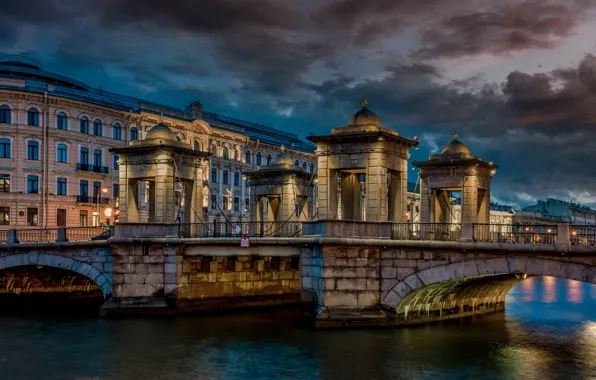 Картинка мост, река, здания, дома, вечер, Санкт-Петербург, Россия, Мост Ломоносова