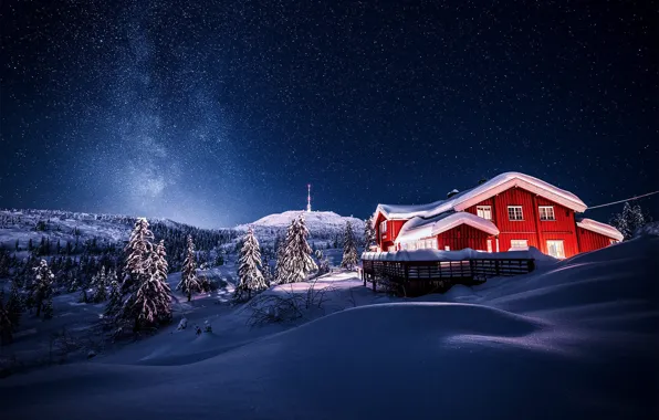 Картинка зима, небо, снег, деревья, пейзаж, природа, город, дом