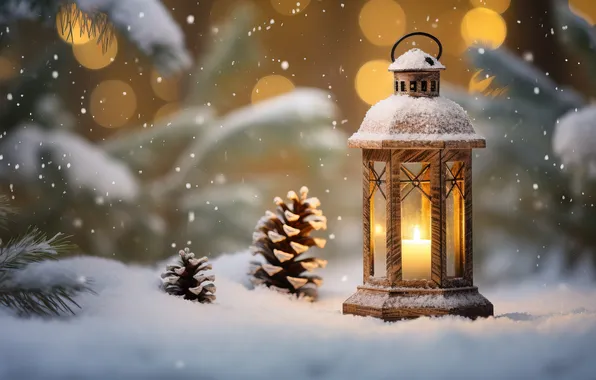 Картинка зима, снег, ночь, Рождество, фонарь, Новый год, Christmas, night